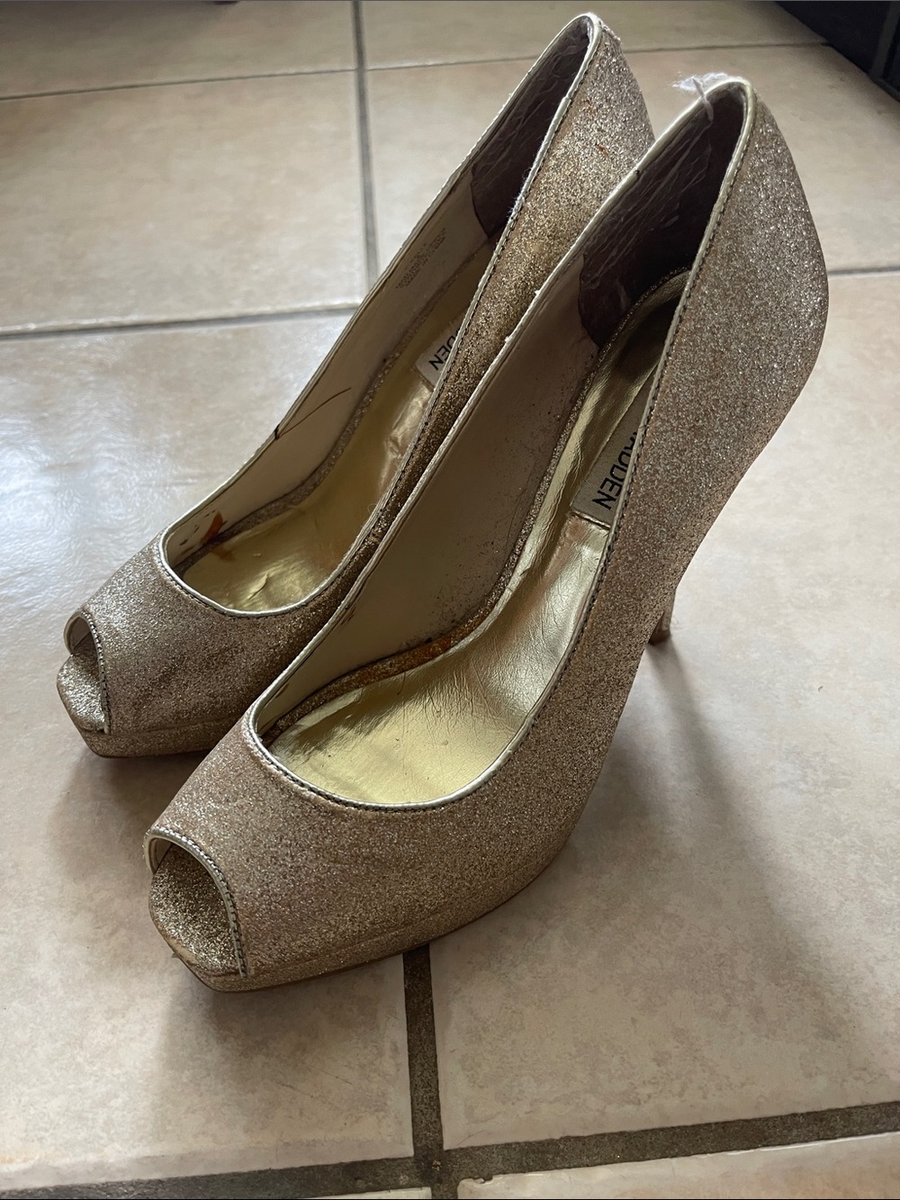 Steve Madden Glitter Peep-Toe Stiletto Heels in Gold